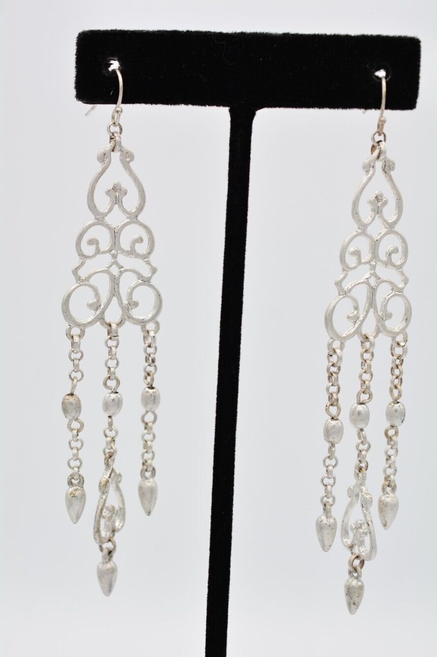 Chandelier Dangle Earrings Brushed Silver Tone Chain Long Boho BinAY